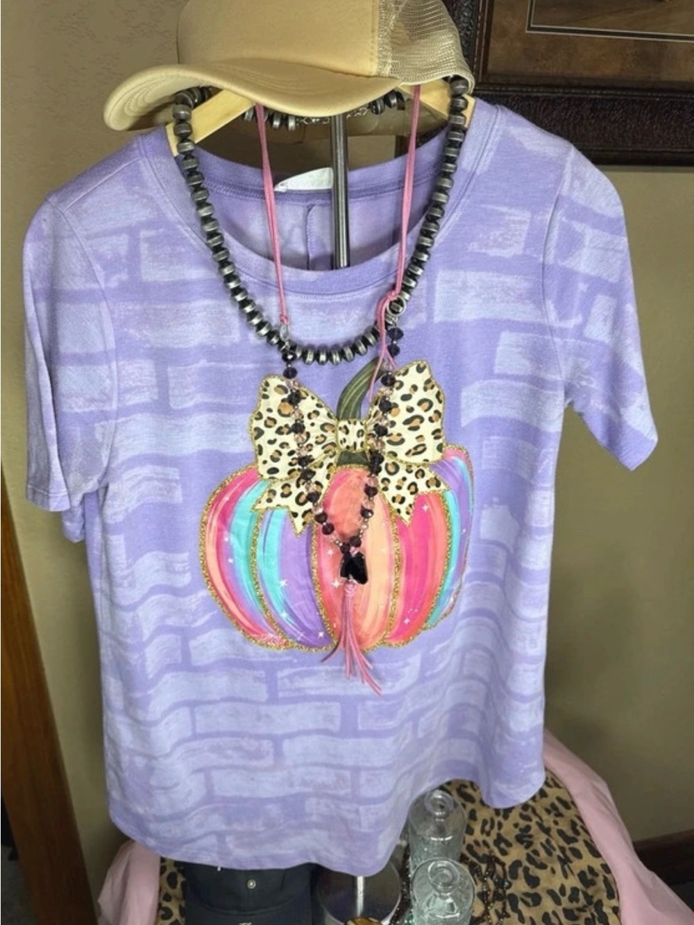 Revamped Zenana Lavender Tee with Pastel Pumpkin and Leopard Bow; hand painted